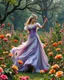 Placeholder: Beautiful Princess dancing in Wild garden, flower beds, fractal ornamentation, over detailed, gloriously full and confusing, nothing that really exists, everything made up, fantasy world, sweet briar, photography graphic art, song birds, ochre rose, rose buds, dewy morning, forest of oaks,