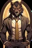 Placeholder: Buff, anthro, wolf, himbo, black fur, gold eyes, wearing a suit, full-body, muscles, strong, muscular, man boobs, bulky, tail, dark fur, smug grin, hands on hips, furry-himbo, broad shoulders, wide hips,