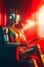 Placeholder: portrait of futuristic spiritual robot holding lotsa phones chatbot smoking a sigar on a throne in a fast bullet train , smoke, 4k, downlight, soft light, depth of field, photorealism, trending on art station