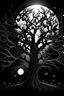 Placeholder: Spooky Halloween tree with bats and full moon, black background, sketch style, only outlines, no extra details.