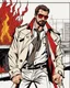 Placeholder: a young man with big muscles who looks like hans gruber wearing a trench coat and red sunglasses staring with an irritated look on his face standing in front of a fire