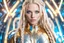 Placeholder: cosmic warrior woman with blue simmetric eyes very long straight hair blond and some braids handsome whitout skin imperfection with light makeup with metallic and golden uniform bright spaceship background