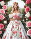 Placeholder: Half body realistic photography beautiful woman dressing roses pattern luxury gown roses crown, in surrounding white roses garden