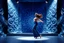 Placeholder: modern stage with gray-blue theme artistic decoration , color full dynamic lighting, a beautiful lady in pants and blouse with shining silver jewels dancing, 3D recursive fractal structure animating background