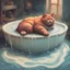 Placeholder: A giant cat taking a bath in liquified troll fat, in orphism art style