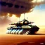 Placeholder: Chris Foss painting of a battle scene with an armored hovercraft with gun turret in the desert with stormy skies and a duststorm -lasers