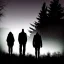 Placeholder: three figures, silhouettes, dark, foggy weather, night, forest, black, horror, art, evil, dark effect, trees, more trees,