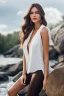 Placeholder: realistic, portrait and full body of a woman standing next to rocky river in country side, beautiful face with nice make up, sunlight, cinematic light, bangs, a beautiful woman, beautiful eyes, brown curved hair, perfect anatomy, very cute, princess eyes , (blue eyes) , nice sport shoes ,Centered image, stylized, life size,8k Resolution, low-cut dress with small blue details, human hands, wonder full, elegant, approaching perfection, dynamic, highly detailed, character sheet,