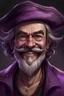 Placeholder: Old pirate man in purple clothes, with black hair, black thin mustache, one eye, big hat and mad smile