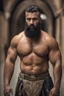 Placeholder: full figure shot photography of a burly ugly 30 year old italian boxer with big broken nose, very long muslim black beard, muscular beefy man shirtless, manly chest, big shoulders, shaved hair, bulge, photorealistic