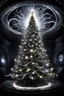 Placeholder: a beautiful illuminated silver and white light Christmas tree stands in a dark room, dark furniture outline visible, few glimmering lights, the ceiling opens and a swirling, terrifying vortex inside claws, stars, planets, demonic eyes, scary, dark atmosphere, deep colors, small details , surreal, thriller, nightmare, masterpiace