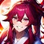 Placeholder: Clear focus, 8k, beautiful lighting, vibrant colors, girl, pink long hair, vibrant pink eyes, miko, ponytail, hair in between the eyes, up close, laughing, angry, messy hair,