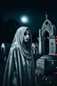 Placeholder: A beautiful and mysterious veiled girl stands in front of the camera in an Islamic cemetery under the moonlight