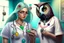 Placeholder: Owl nurse in nurse costume made of tyffany glass and gemstones spreading pills, she is wearing necklaces made of medicines in a hospital room in sunshine