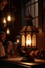 Placeholder: A teacher with a lit lamp and books in front of him is teaching a group of students