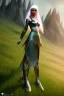 Placeholder: elven young woman, wearing light dress, visible cute femine face, luminous weather, field in the mountains, realistic 3d render, mortal kombat style, unreal engine