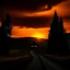 Placeholder: dark night, orange sunset colors in the sky, a lonely cottage in the distance on a mountain in the woods, a lonely dark silhouette walking down the road