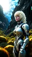 Placeholder: wide-angle Photo of a Sci-fi woman, with blond hair, wearing a silver and black spacesuit looking like an android, on an alien jungle planet