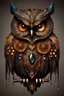 Placeholder: Splash painting of a decorative owl, gothic, dark complementary colors, jeweled, cut metal, intricate detail, many small details, lights and shadows, HD effects, reflections, shimmer, shine