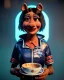 Placeholder: Waist up portrait, hybrid character, waitress British woman with classic muppet mask that covers her entire head and face, Sesame Street style, latex dress, short shirt, tray, beer, old school tattoo, hot, smooth, unreal engine 5, god lights, ray tracing, neon, RTX, lumen lighting, ultra detail, volumetric lighting, 3d.