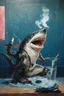Placeholder: catfish with shark head smoking a ciggarrette in the style of banksy