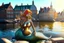 Placeholder: A beautiful and cute little mermaid sits on a rock in Copenhagen, in the water, her fins metallically shimmering and covered with precious stones, with the buildings of Copenhagen in the background in the sunlight