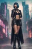 Placeholder: full-body-art of a woman with a bob with a fringe hairstyle, Cleopatra clothing, black knee-high boots, cyberpunk city background