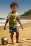 Placeholder: Neymar, young boy, detailed, hyperrealistic, showing his dribbling skills on the beaches of Santos, Brazil. Curly brown hair, slim build, wearing a Santos FC jersey and flip flops.