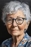 Placeholder: Oil paint on canvas, chiaroscuro, deep shadows, masterpiece, happy, 2020 caught off guard, 79-year-old Phyllis Kendall, short pixie-cut, shag-cut straight, dark salt and pepper hair, overweight, blue eyes, great big, round lensed eyeglasses, wearing a black, floral print, short-sleeved, pull-over shirt, dark blue sweatpants, sitting at the computer checking her emails