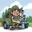 Placeholder: retro cartoon company mascot of a vehicle mechanic with a hint of forest ranger, doing an oil change