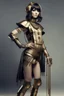 Placeholder: full body picture of a woman with a bob, a fringe hairstyle, Cleopatra clothing futuristic steampunk