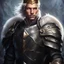 Placeholder: Male Tan Human, White Hair, Handsome Face, Wearing A Magical Crown, Black Heavy Armour, Dark colours theme, Very Dark Background, Paladin Greatsword Strapped to his Back