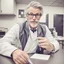 Placeholder: selfie of a white doctor in the break room; gray hair, mustache; nerdy glasses,