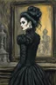 Placeholder: create a 3/4 profile, full body oil pastel of a dark haired, savage, ornately dressed, gothpunk vampire girl with highly detailed , sharply defined hair and facial features , in a smokey 19th century drawing room in the style of CHILDE HASSAM, and JOHN SINGER SARGENT