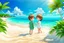 Placeholder: 3d digital art of chibi young girl and boy enjoying sunshine on the beach, blue sky, happyness, nice azure sea, green plants, vibrant warm colors., detailed, cinematic, 3d anime