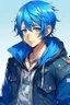 Placeholder: blue haired anime boy in a leather jacket