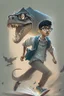 Placeholder: Draw Talha, a young, polite, beautiful, athletic young man, 11 years old, wearing glasses, holding a book, being chased by a T-Rex, with short hair