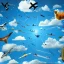 Placeholder: hundreds of different animals flying in the sky, photo realistic, zoom in, masterpiece