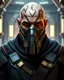 Placeholder: star wars heavily scarred head bald male corellian jedi wearing gunmetal grey and black old republic armored flightsuit and breath mask with gold and metallic red trim inside the jedi temple, centered head and shoulders portrait, hyperdetailed, dynamic lighting, hyperdetailed background, 8k resolution, volumetric lighting, light skin, fully symmetric details