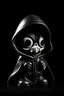 Placeholder: 1950s goofy vinyl toy of skull face character wearing a black hooded cloak, drawn in a early animation rubber hose animation style, inside a diamond shape on a black background, monochromatic