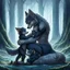 Placeholder: fantasy anime art from an gray bodyhair wolf female anthropomorphic wolf female hibrid kneeling hugs her two anthropomorphic wolf-kid hibrid child on field, in background tall trees wirh big trunks, rain, down on blue-green moss, hug each other , rainy day, high contrast, high detalied, atmospheric, fantasy, sci-fi mood