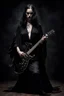 Placeholder: pretty goth girl(dressed in black flowing robes) facing viewer, playing electric rock guitar, leaning back, dark background, photo realism