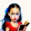 Placeholder: Actress Angelina jolie as a toddler, pony tail, big blue eyes, big lips, with a book, , illustrated by Marcel Marlier, red dress, watercolor, vintage