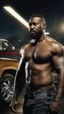 Placeholder: strong burly beefy nigerian mechanic 44 years old, curly hair, wet, short white beard, manly chest, hairy, shirtless in bulging dirty white boxer, big shoulders, tattoo, big calves, barefeet, angry, photorealistic, side light, inside a dark parking lot at night, side neon light, photoRealistic, side view from the ground