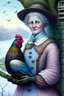 Placeholder: Friendly witch, playing with hens, perfect eyes, pastel colours, snow, style Beatrix Potter