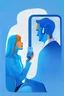 Placeholder: Person talking with his psychologist through phone new chat application, digital illustration cartoon realistic, color full with white backgound (Man and woman) Blue scale
