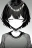 Placeholder: short hair girl, closed eyes, close-up, greyscale