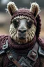 Placeholder: Knitted lama ding dong thief in full armour. Close up portrait. Afraid to fail, afraid to dive within. But still smiling.