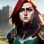 Placeholder: realistic, hyper detailed, stunningly beautiful 16 year old teen girl, long ginger hair, green eyes, medium freckles, full lips, revealing leather armour, full body and head, c-cup breasts, stern expression, full frame, petite, ignore NSFW, shortbow, quiver on hip