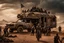 Placeholder: realistic detailed movie scene with a caravan of people in armoured clothes made of trash with primitive medieval weapons in post apocalyptic landscape, mad max fury road movie, dramatic cinematic illumination, highly detailed, unique detailed clothing, gloomy mood, dust, dirt, massive storm clouds, post apocalyptic landscape, ruins in background, detailed landscape, atmospheric, epic